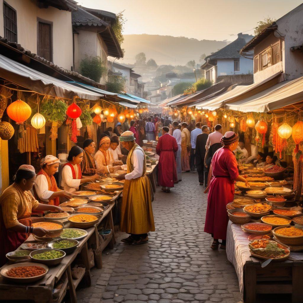A lively street market bustling with colorful stalls showcasing coquin culture, filled with diverse people engaging in activities such as cooking, dancing, and socializing. Incorporate vibrant decorations, traditional attire, and elements representing community interactions like laughter, shared meals, and art displays. Capture the essence of lifestyle trends in a warm, inviting atmosphere. super-realistic. vibrant colors. wide panorama.