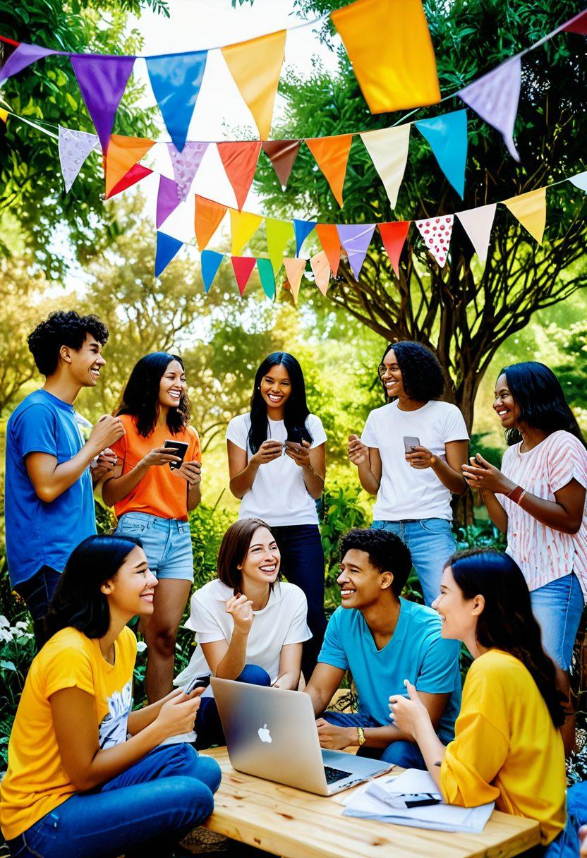 A lively scene depicting a diverse group of friends joyfully interacting at an outdoor gathering, surrounded by colorful flags symbolizing various online forums. Incorporate elements like laptops and smartphones to signify digital connections, while showcasing a vibrant landscape filled with greenery and warm sunlight. Capture a sense of community and celebration, with laughter and camaraderie emanating from the group. super-realistic. vibrant colors. outdoor setting.