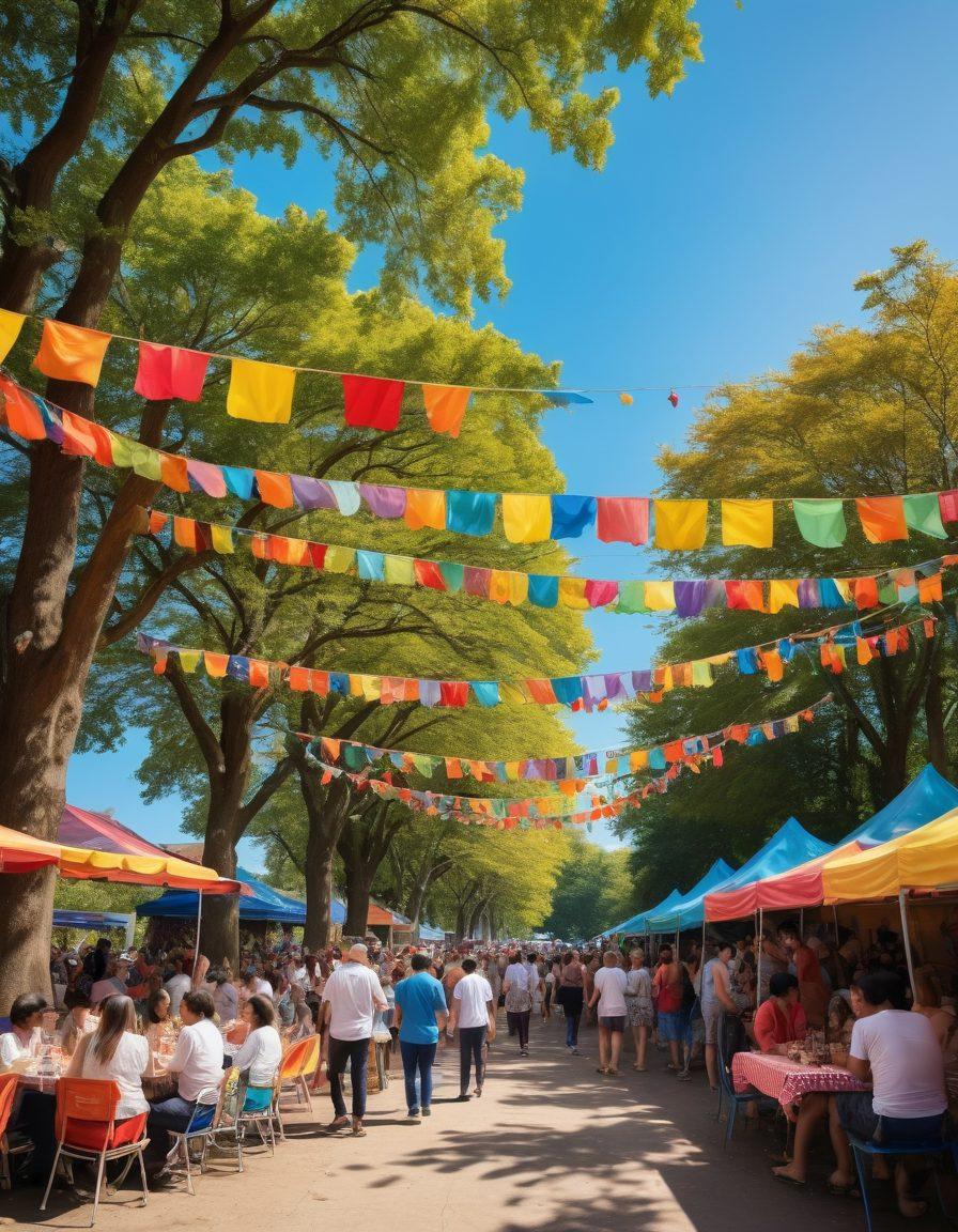An energetic community gathering in a vibrant park setting, showcasing diverse groups of people engaging in various activities like music, dance, and food sharing. Colorful banners and decorations symbolize Coquin culture, with a backdrop of lively trees and a clear blue sky. Incorporate elements of art, laughter, and connection, portraying warmth and inclusivity. super-realistic. vibrant colors. lively atmosphere.